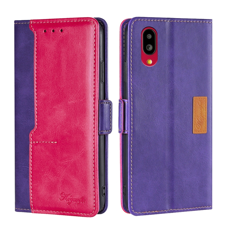 

For Sharp Simple Sumaho 6/A201SH Contrast Color Side Buckle Leather Phone Case(Purple + Rose Red)