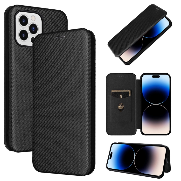 

For iPhone 14 Pro Max Carbon Fiber Texture Flip Leather Phone Case (Black)