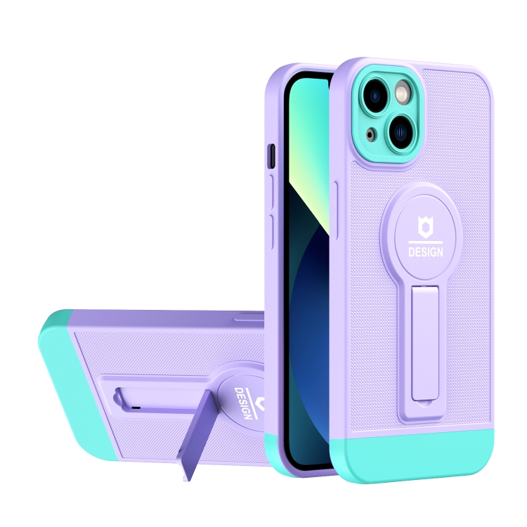 

For iPhone 13 Small Tail Holder TPU+PC Phone Case(Purple+Light Green)
