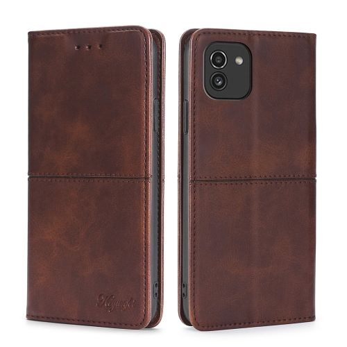 

For Samsung Galaxy A03 EU Edition 166mm Cow Texture Magnetic Horizontal Flip Leather Phone Case(Dark Brown)