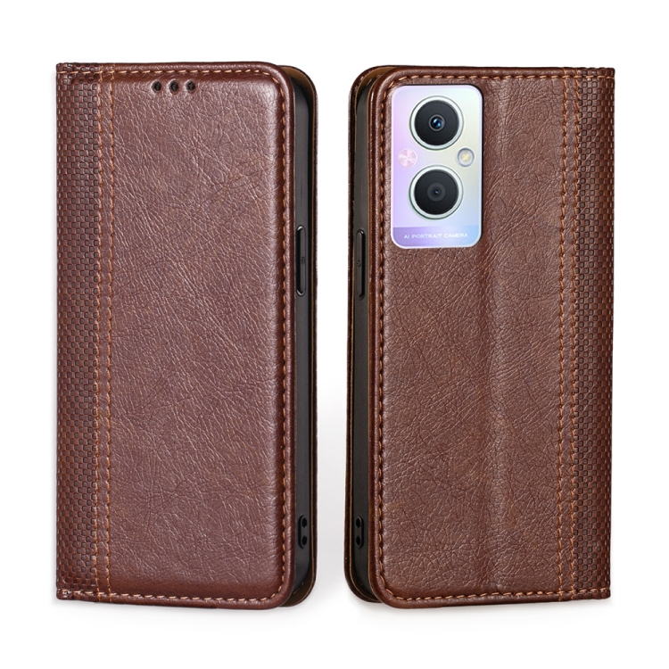 

For OPPO A96 5G Grid Texture Magnetic Flip Leather Phone Case(Brown)