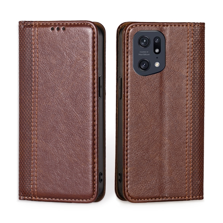 

For OPPO Find X5 Pro Grid Texture Magnetic Flip Leather Phone Case(Brown)