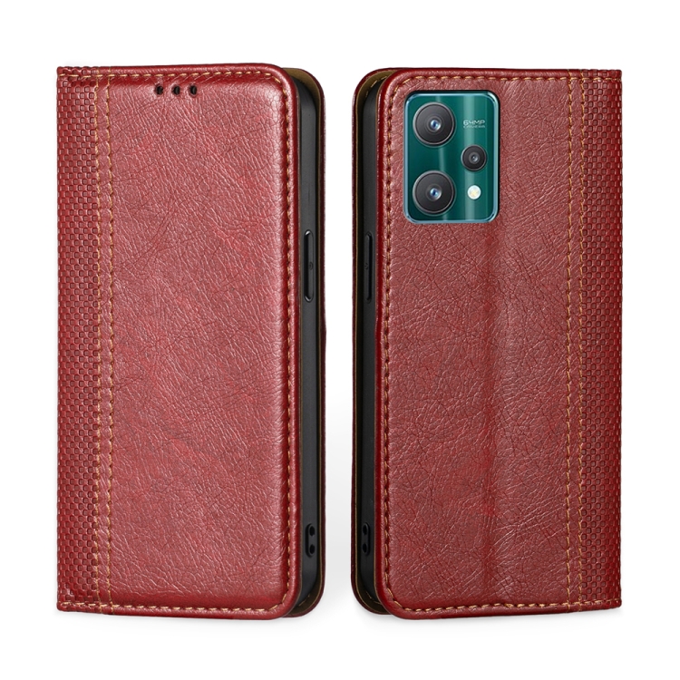 

For OPPO Realme 9 Pro Grid Texture Magnetic Flip Leather Phone Case(Red)