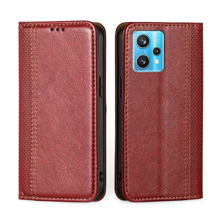 

For OPPO Realme 9 Pro+ Grid Texture Magnetic Flip Leather Phone Case(Red)