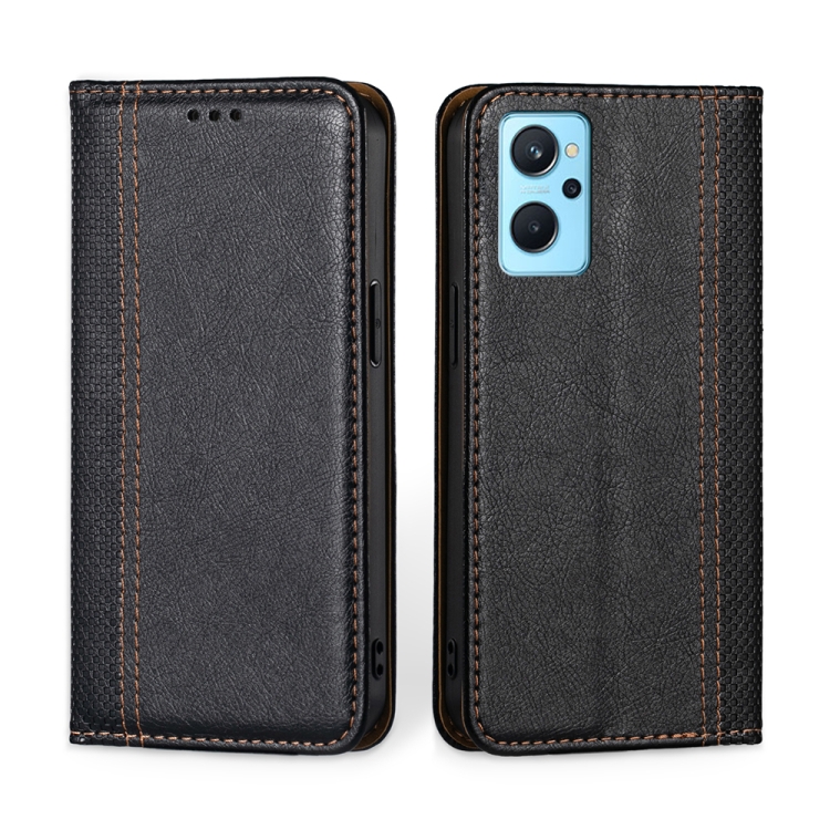 

For OPPO Realme 9i Grid Texture Magnetic Flip Leather Phone Case(Black)