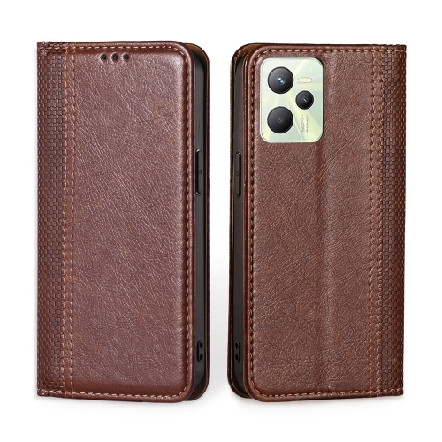 

For OPPO Realme C35 Grid Texture Magnetic Flip Leather Phone Case(Brown)