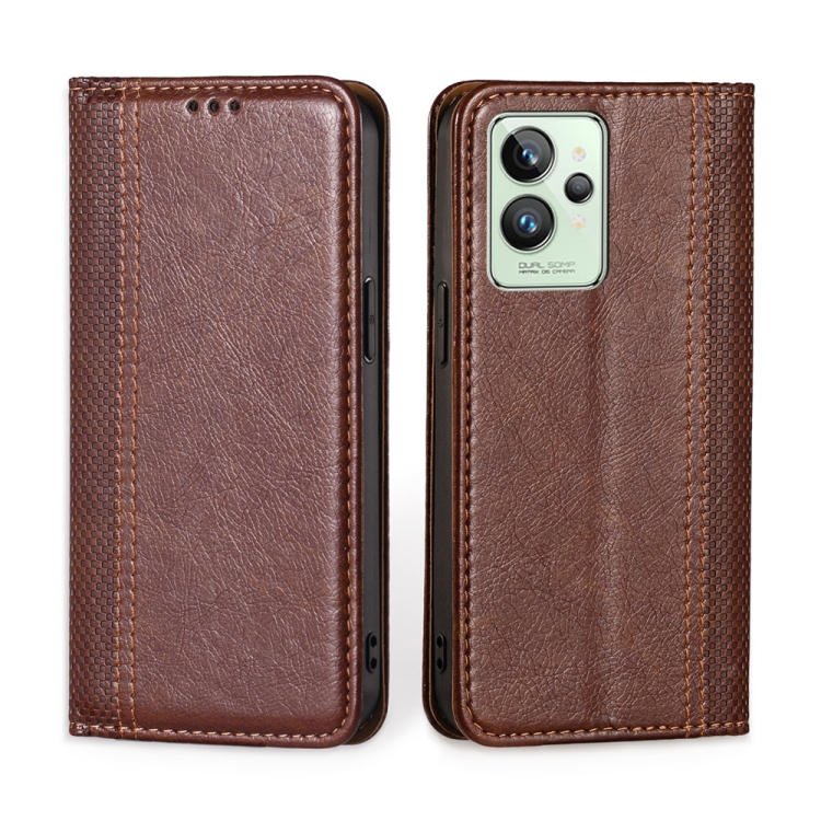 

For OPPO Realme GT2 Pro Grid Texture Magnetic Flip Leather Phone Case(Brown)