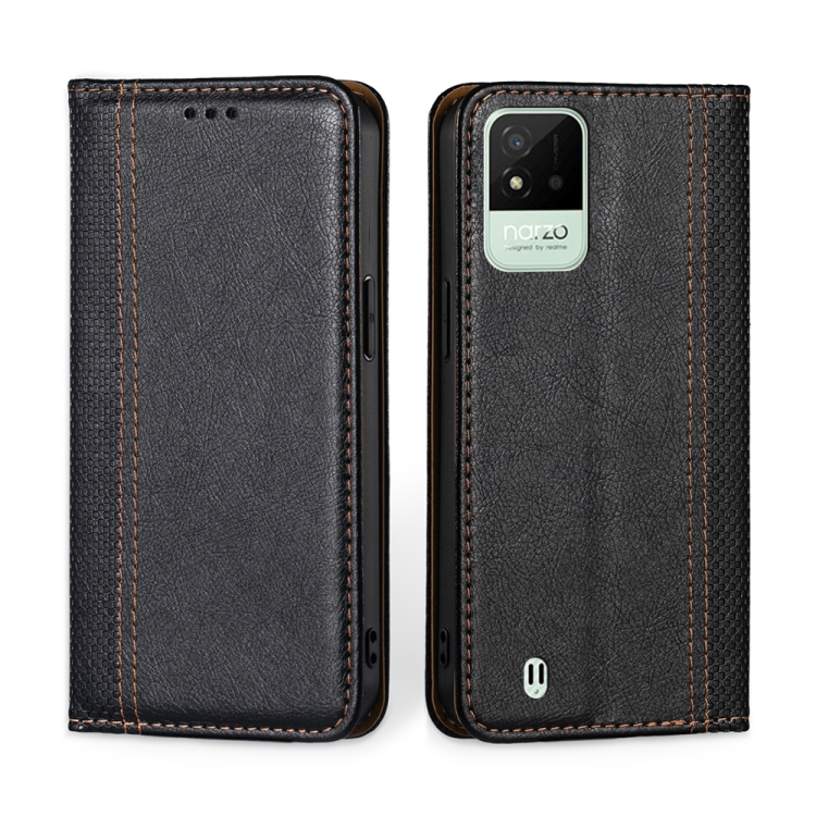 

For OPPO Realme Narzo 50i Grid Texture Magnetic Flip Leather Phone Case(Black)