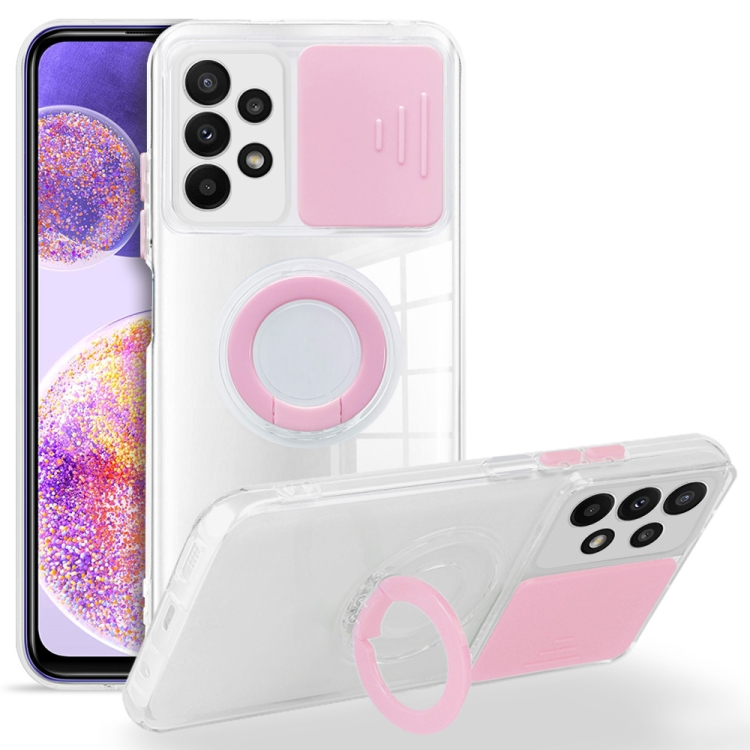 

For Samsung Galaxy A23 Sliding Camera Cover Design TPU Protective Phone Case with Ring Holder(Pink)