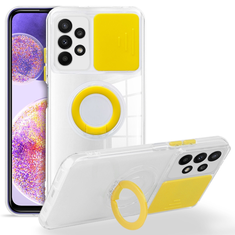 

For Samsung Galaxy A23 Sliding Camera Cover Design TPU Protective Phone Case with Ring Holder(Yellow)