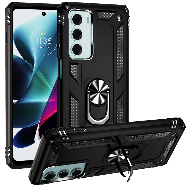 

For Motorola Moto G200 5G Shockproof TPU + PC Holder Phone Case(Black)