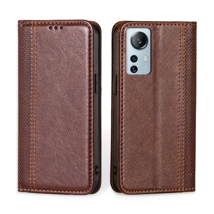 

For Xiaomi 12 Lite Grid Texture Magnetic Flip Leather Phone Case(Brown)
