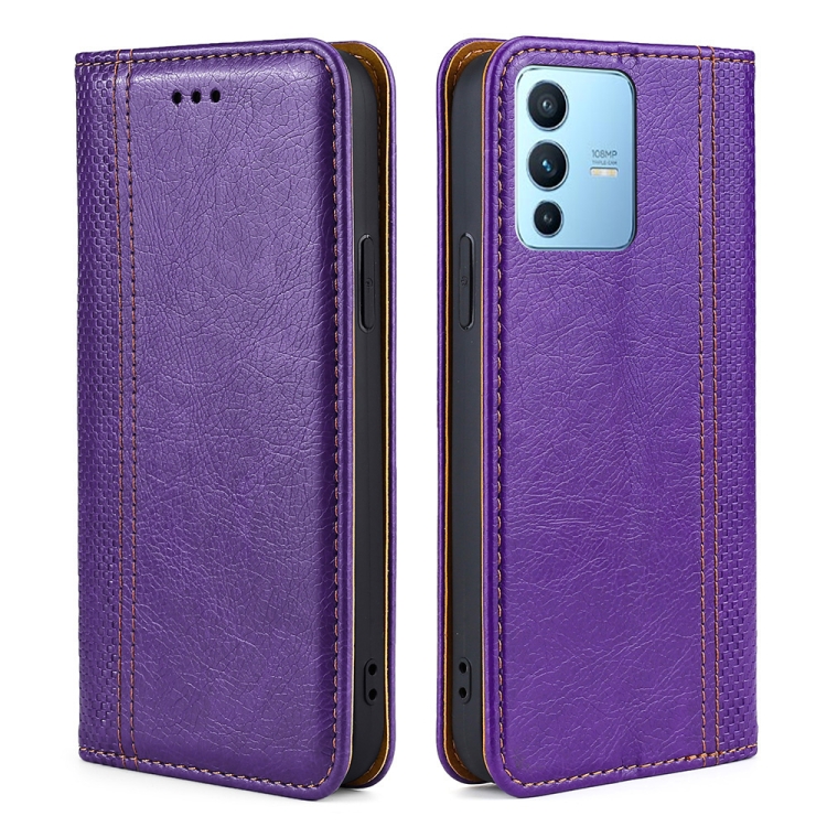 

For vivo S12 Pro / V23 Pro Grid Texture Magnetic Flip Leather Phone Case(Purple)