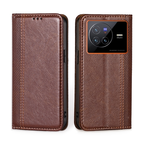 

For vivo X80 China Grid Texture Magnetic Flip Leather Phone Case(Brown)
