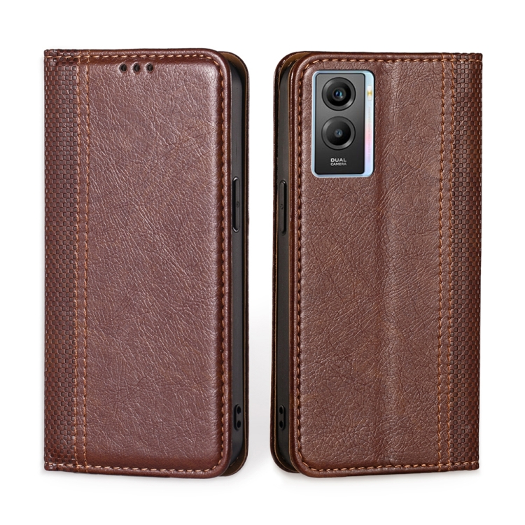 

For vivo Y55s 5G Grid Texture Magnetic Flip Leather Phone Case(Brown)