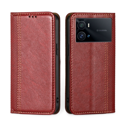 

For vivo iQOO 9 Pro 5G Grid Texture Magnetic Flip Leather Phone Case(Red)