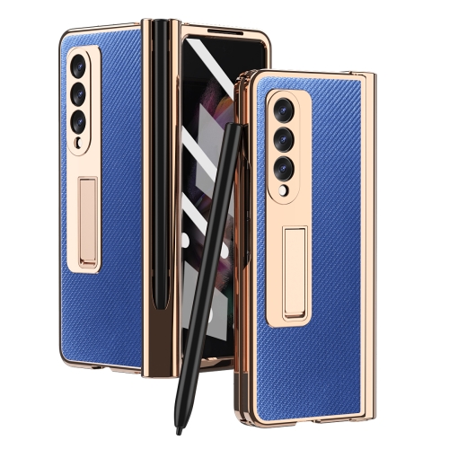 

For Samsung Galaxy Z Fold3 Kevlar Texture Integrated Electroplating Hinge Flip Phone Case with Pen Slot(Blue)