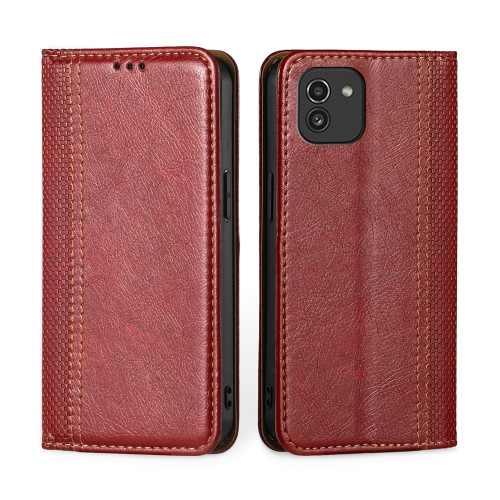 

For Samsung Galaxy A03 166mm Grid Texture Magnetic Flip Leather Phone Case(Red)