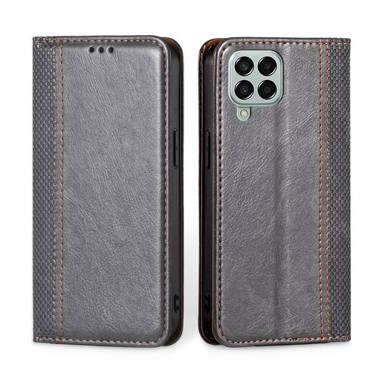 

For Samsung Galaxy M33 5G Grid Texture Magnetic Flip Leather Phone Case(Grey)