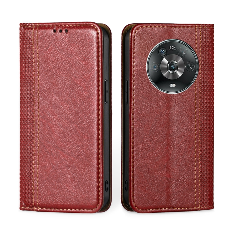 

For Honor Magic4 Grid Texture Magnetic Flip Leather Phone Case(Red)