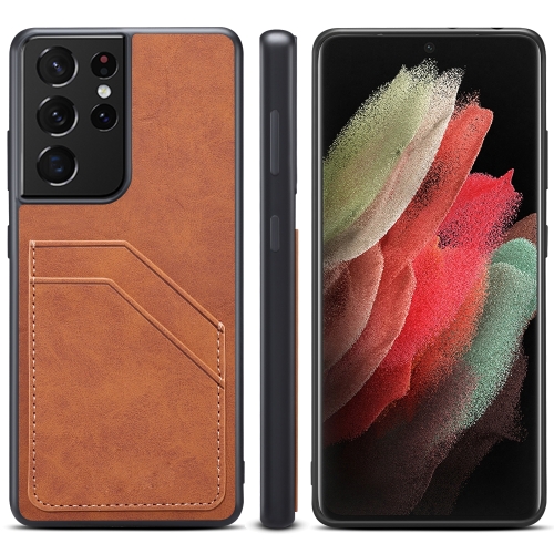 

For Samsung Galaxy S21 Ultra 5G Card Slots Full Coverage PU+TPU Phone Case(Brown)