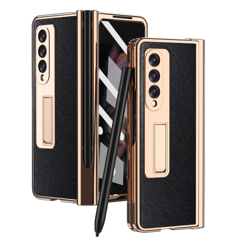 

For Samsung Galaxy Z Fold3 Cross Texture Integrated Electroplating Hinge Flip Phone Case with Pen Slot(Black)