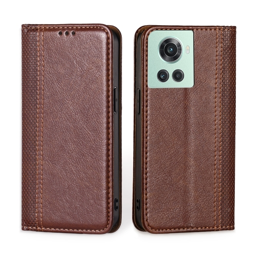 

For OnePlus Ace / 10R Grid Texture Magnetic Flip Leather Phone Case(Brown)