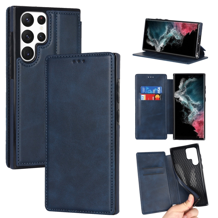 

For Samsung Galaxy S22 Ultra 5G Card Slots Flip Leather Phone Case(Blue)
