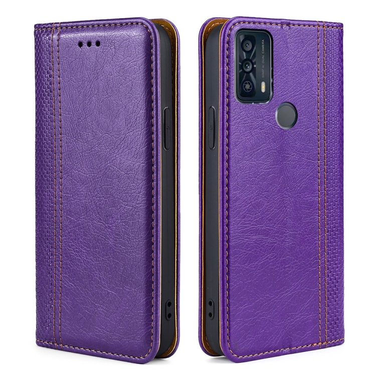 

For TCL 20B 6159K Grid Texture Magnetic Flip Leather Phone Case(Purple)