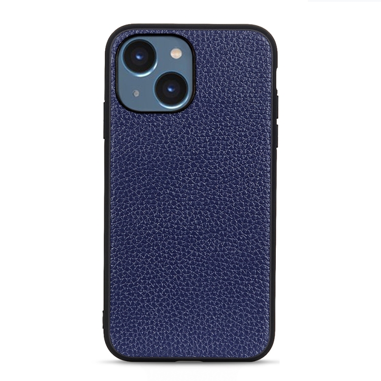 

For iPhone 14 Litchi Texture Genuine Leather Phone Case (Blue)