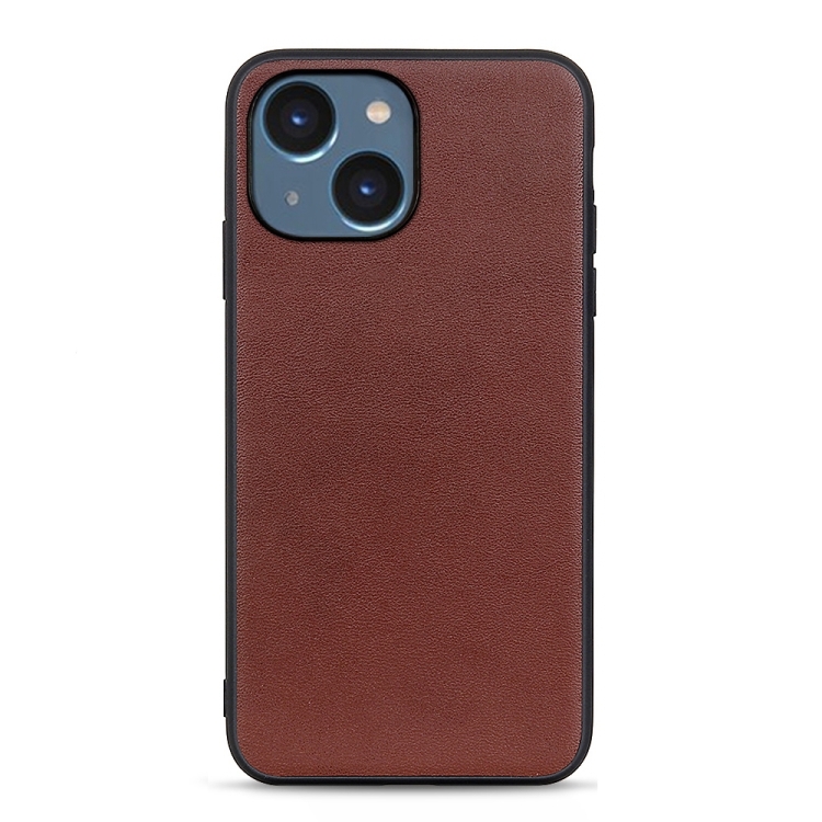 

For iPhone 14 Plus Lambskin Texture Genuine Leather Phone Case (Brown)