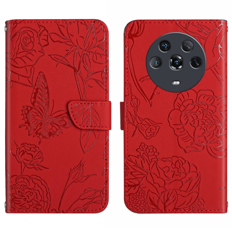 

For Honor Magic4 Skin Feel Butterfly Peony Embossed Leather Phone Case(Red)