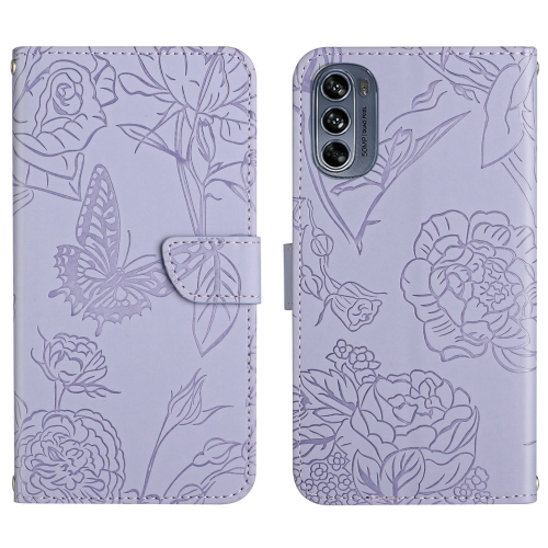 

For Motorola Moto G62 5G Skin Feel Butterfly Peony Embossed Leather Phone Case(Purple)