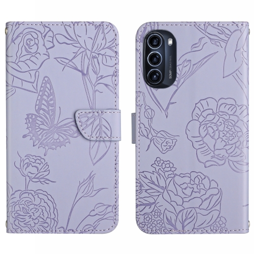 

For Motorola Moto G52J 5G Skin Feel Butterfly Peony Embossed Leather Phone Case(Purple)