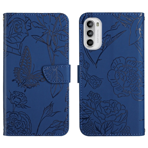 

For Motorola Moto G71S Skin Feel Butterfly Peony Embossed Leather Phone Case(Blue)