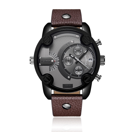 

CAGARNY 6819 Multifunctional Dual Time Zone Quartz Business Sport Watch for Men(Black Shell Grey Surface Brown Leather)