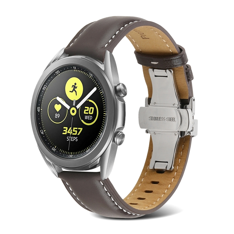 

For Samsung Galaxy Watch4 20mm Butterfly Buckle Stitching Genuine Leather Watch Band(Coffee)
