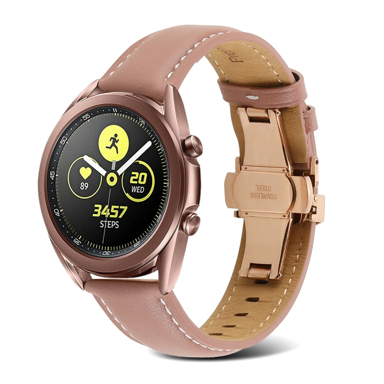 

For Samsung Galaxy Watch4 20mm Butterfly Buckle Stitching Genuine Leather Watch Band(Dark Pink)