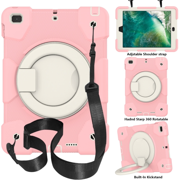 

For iPad 9.7 2018 Silicone + PC Full Body Protection Tablet Case With Holder & Strap(Pink)