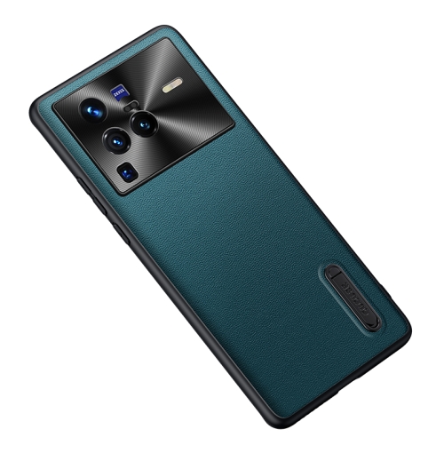 

For vivo X80 Folding Holder Plain Leather Phone Case(Lake Green)