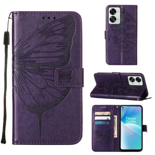 

For OnePlus Nord 2T 5G Embossed Butterfly Leather Phone Case(Dark Purple)