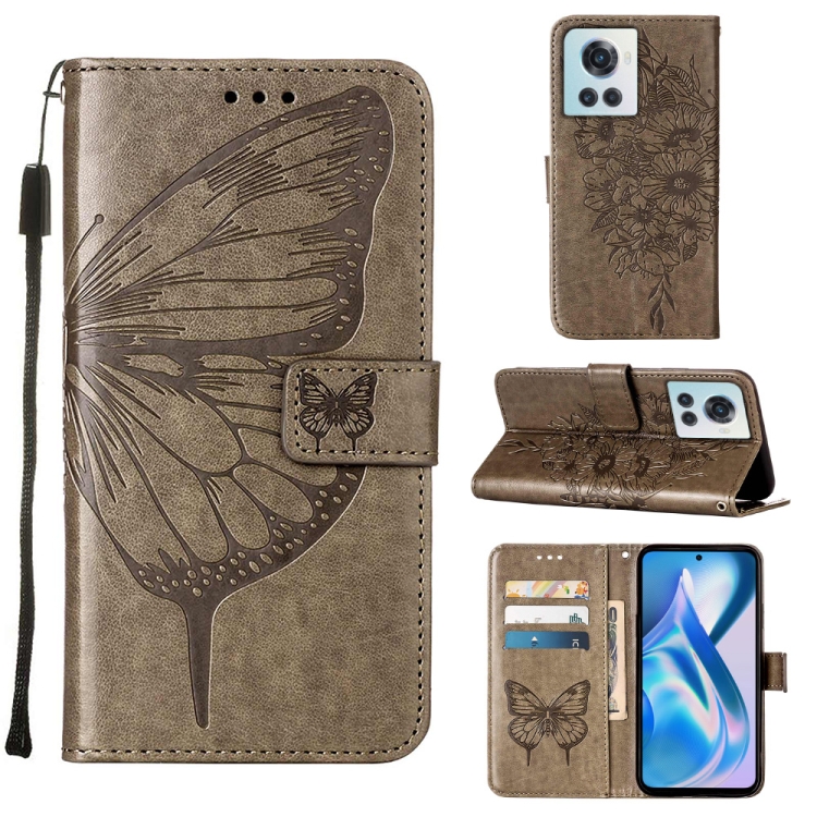

For OnePlus Ace 5G Embossed Butterfly Leather Phone Case(Grey)