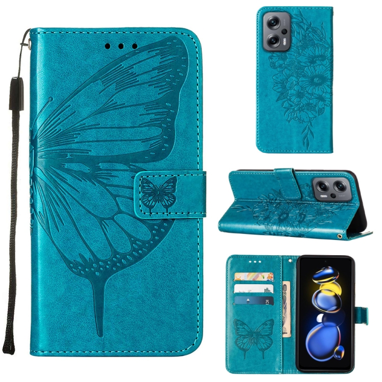 

For Xiaomi Redmi Note 11T Pro Embossed Butterfly Leather Phone Case(Blue)