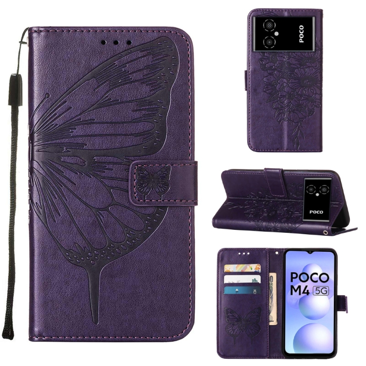 

For Xiaomi Poco M4 5G Embossed Butterfly Leather Phone Case(Dark Purple)