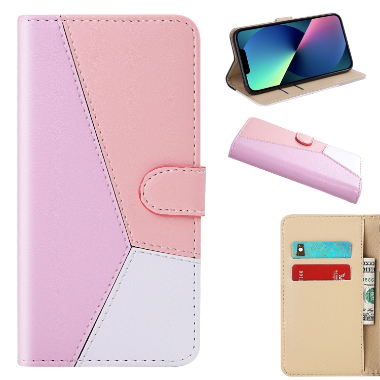 

Tricolor Stitching Flip Leather Phone Case For iPhone 14 Max (Pink)