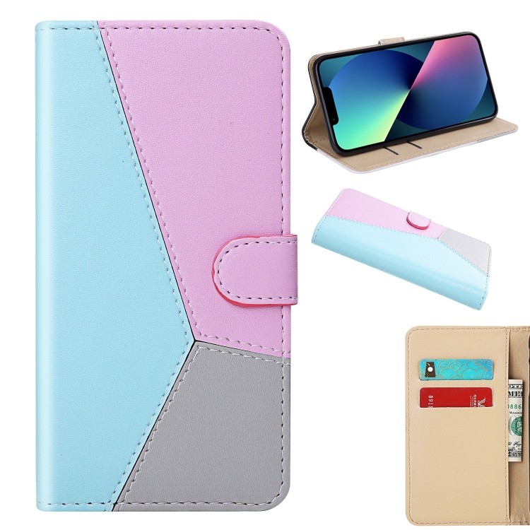 

Tricolor Stitching Flip Leather Phone Case For iPhone 14 (Blue)
