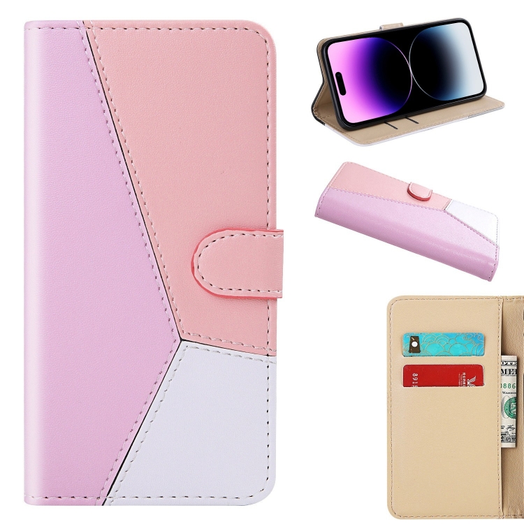

Tricolor Stitching Flip Leather Phone Case For iPhone 14 Pro Max (Pink)