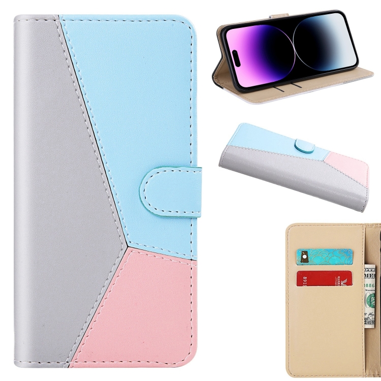 

Tricolor Stitching Flip Leather Phone Case For iPhone 14 Pro Max (Grey)