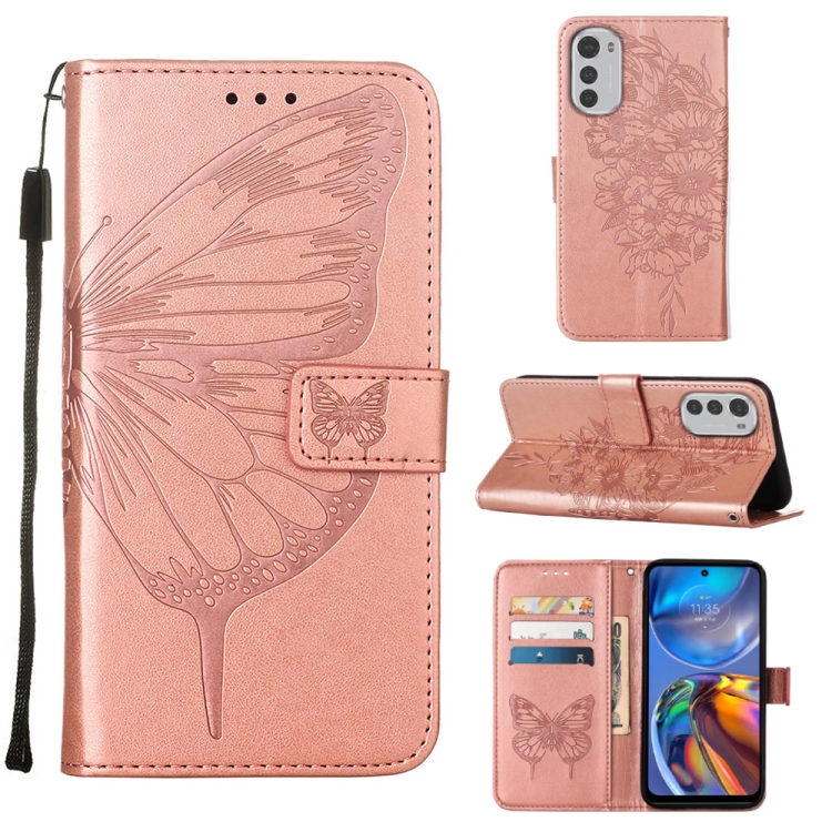 

For Motorola Moto E32 Embossed Butterfly Leather Phone Case(Rose Gold)