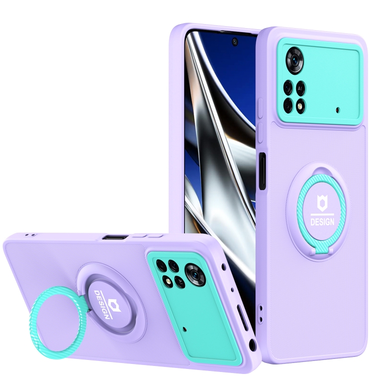 

For Xiaomi Poco X4 Pro 5G Eagle Eye Ring Holder Phone Case(Purple + Light Green)